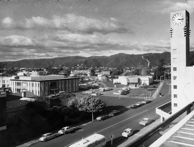 A black and white photograph showing the Lower Hutt clocktower and looking down over the courthouse and Dowse square.