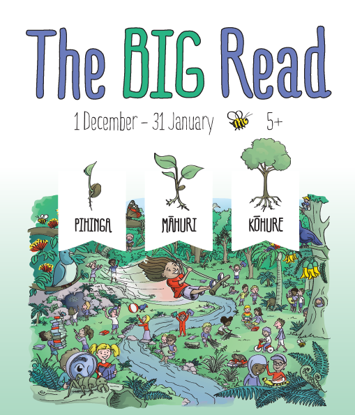 The Big Read - 1December to 31 January, 5+. A child swings through a native forest on a rope swing surrounded by native plants, wildlife, and other children.