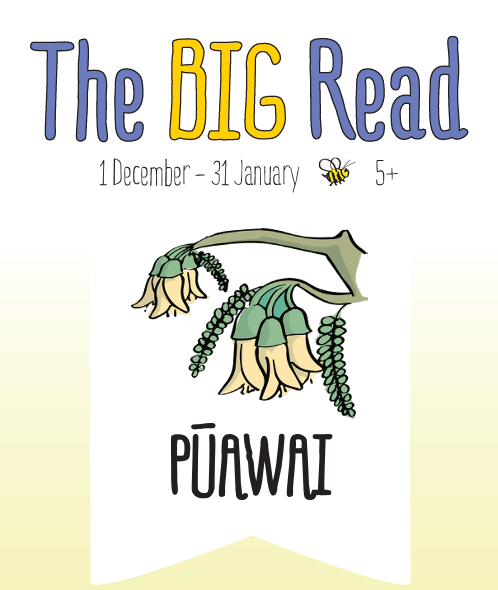 The Big Read - 1December to 31 January, 5+. A spray of kōwhai flowers is shown with Pūawai written below.