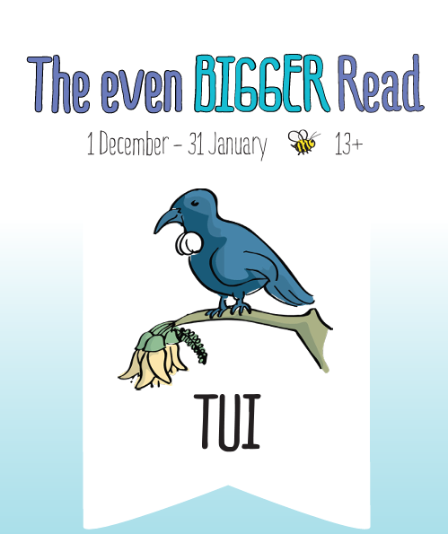 The even Bigger Read - 1December to 31 January, 13+. A tui sits on a kōwhai branch with Tui written below.