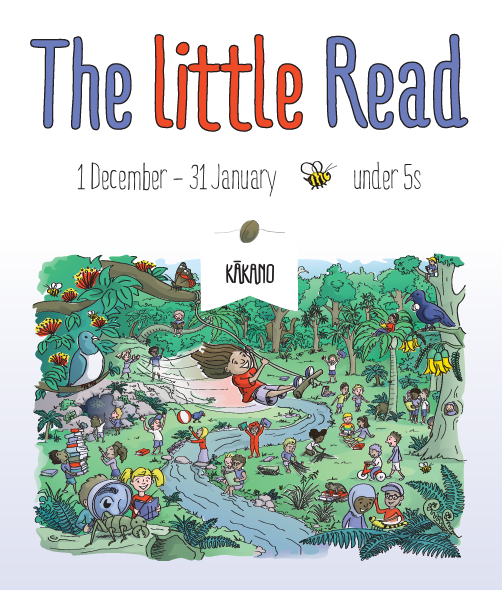 The Little Read - 1December to 31 January, under 5s. A child swings through a native forest on a rope swing surrounded by native plants, wildlife, and other children.