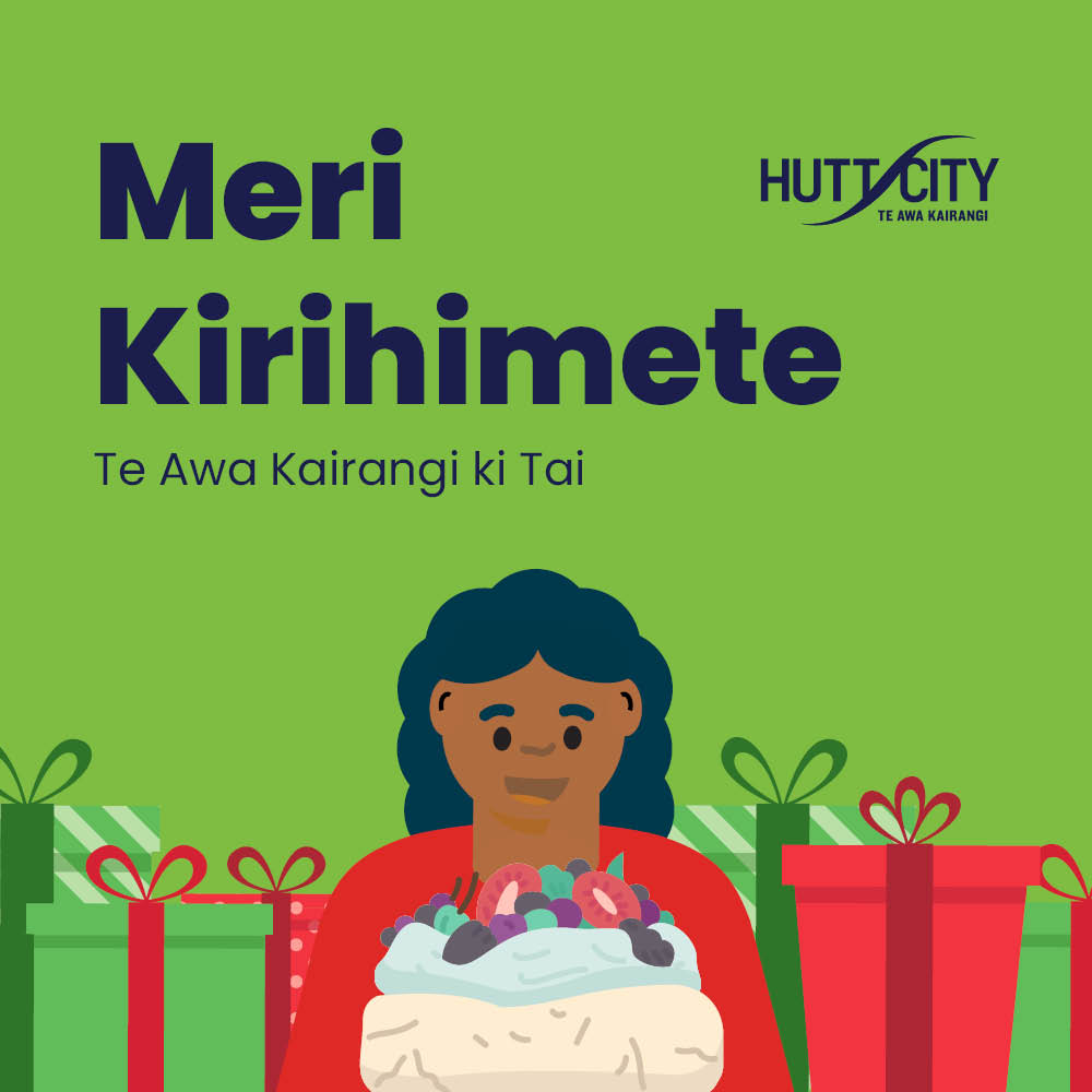 A green background with the words Meri Kirihimete Te Awa Kairangi ki Tai. Below there is a girl surrounded by gift boxes with a pavlova.